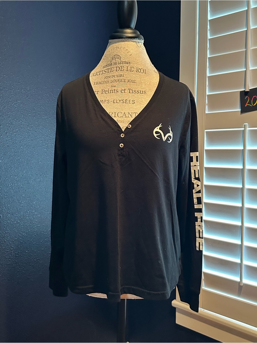 Realtree Black Long-Sleeve Henley with White Logos